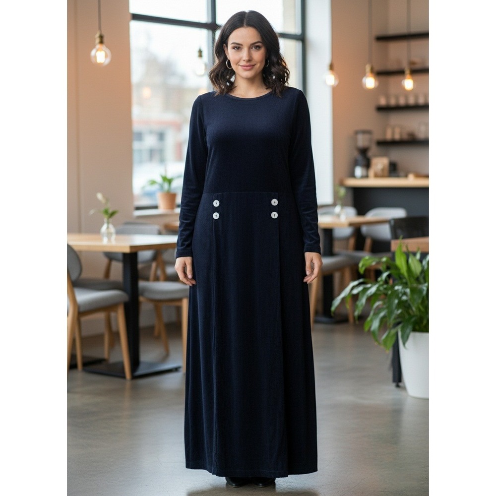 Willow Maxi Dress Womens Size L Midnight Blue Long Sleeve Elegant Button USA VTG